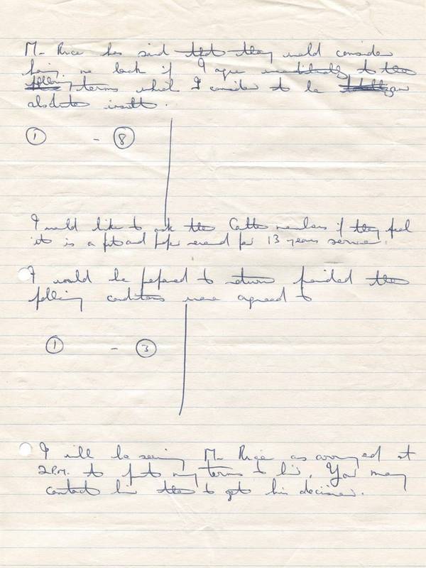 CARLTON SACKING: Two foolscap pages of Alex's  hand-written notes relating to his sacking as Carlton coach after the successful 1979 season, after Carlton club president George Harris was ousted from his position in a bitter board-level power struggle in