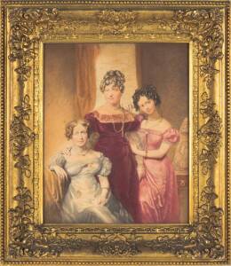 THOMAS WAGEMAN (English) 19th century watercolour portrait of three women in original gilt frame, signed label verso. 34 x 42 cm.