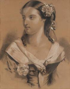 Colonial portrait of a lady, crayon, pencil & watercolour, titled lower left "Maggie Fair Chirnside, May 1867". 41 x 52 cm.