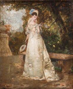 19th Century Italian school portrait of a lady in period dress. Oil on board, signed lower right (illegible). 14 x 18cm.