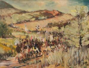 Rob Jago landscape oil painting oil on board "Kundiawa Road", signed & dated lower right 1966. 62cm x 50cm.