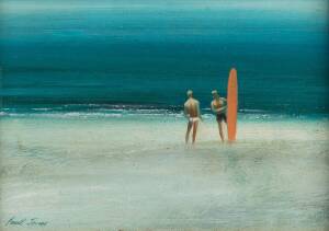 PAUL JONES (1921-1997), Surfers, oil on board, signed 'Paul Jones' lower left, 13.5 x 18.5 cm