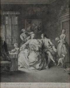 A pair of French etchings of courtiers, 19th Century.&nbsp;45 x 34cm