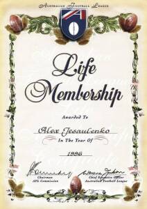 ALEX JESAULENKO'S AFL LIFE MEMBERSHIP CERTIFICATE