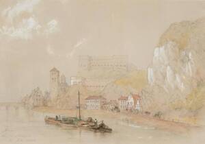 J.COTMAN: European scene pencil & watercolour, titled lower left "Huy on the Meuse 21 Feb 1846". 33 x 23cm
