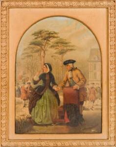 19th Century oil on board, court scene with 18th Century figures in snow garden setting. Noted verso "J.P. Feb, 1858, Warrick". 21 x 29cm