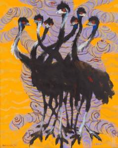 FRANK HODGKINSON (1919-2001): Oil on canvas titled verso "Emus & Boabs, Kimberley, 2000", signed lower left. 120 x 152cm