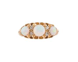 A Victorian opal and diamond bridge ring, 18ct yellow gold, weight 4.46 grams, unidentified makers mark, size K &frac12;