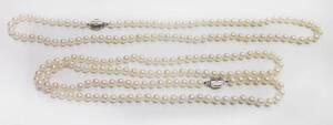 Two Akoya pearl necklaces, average diameter 5.5 - 6mm, both with 925 silver clasps, lengths 58cm and 87cm.