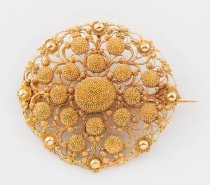 A Georgian cannetille brooch, oval form, 18ct yellow gold, weight 15.3 grams,&nbsp;length 5cm, width 4.5cm.