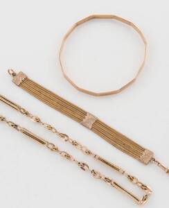 A collection of antique &nbsp;jewellery comprising a four strand fob by Willis, a gold bangle and a fancy link watch chain, 9ct yellow gold, &nbsp;weight 50 grams.