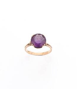 Six yellow gold cocktail rings, set with amethyst, synthetic corundum and paste, one 8ct, two 9ct, two 14ct and one 18ct&nbsp;gold, total weight 26.76 grams.