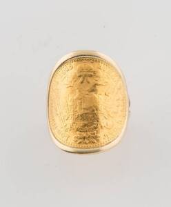 Three rings, a two tone band ring, a coin set ring and a citrine set ring, 9ct and 14ct yellow gold, weight 21 grams.