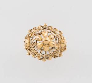 Two dress rings, one filigree, one garnet set, 9ct yellow gold, weight 13.44 grams, to be sold with a citrine pin.