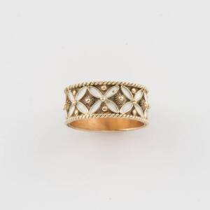 Four rings, one set with citrine and seed pearl, one set black sapphire, one early plastic and one white enamel band ring, 18ct and 14ct yellow gold, total weight 21 grams.