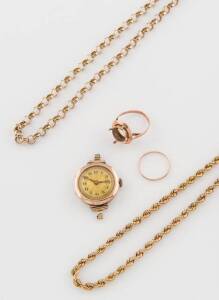 A collection of gold jewellery including Prince of Wales twistlink necklace, belcher link necklace, gold band ring and a ring setting, Lady's 9ct Swiss watch, total weight 49.46 grams.