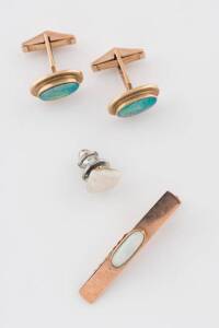 A pair of opal doublet cufflinks, to be sold with a solid white opal set tie clip &nbsp;and tie tack, 9ct rose gold, weight 12.63 grams.