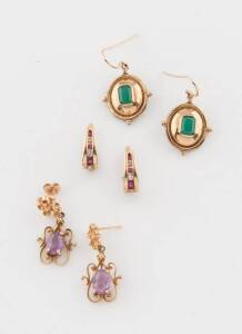Three pairs of earrings, including amethyst drops, 9ct yellow gold, weight 13.93 grams.