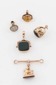 Five various seals and fobs, 9ct gold and rolled gold, weight 24.4grams.