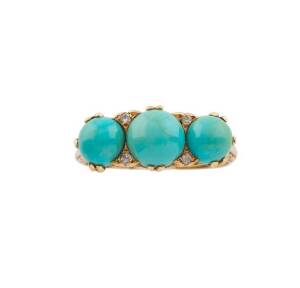 A Victorian turquoise and diamond bridge ring, scrolled setting, 18ct yellow gold, maker's mark, size S.