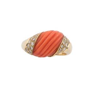 A coral and diamond dress ring, 18ct yellow gold, indistinct maker's mark, size&nbsp;S &frac12;.