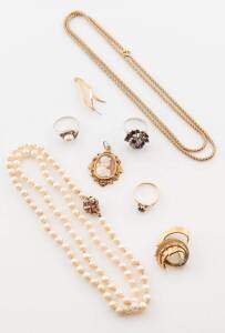 A collection of gold jewellery including a pearl ring, brooches, chain and cultured pearls.&nbsp;