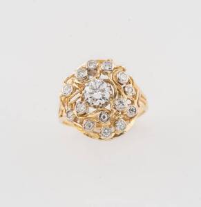 A diamond cluster ring, of openwork design, estimated total diamond weight 1.30 carat, 18ct yellow gold, size P.&nbsp;
