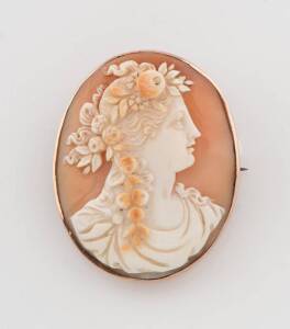 Two helmet shell cameo brooches, one depicting the three graces, the other a classical profile, 9ct rose gold&nbsp;frames. &nbsp;(To be sold with two unmounted cameos)