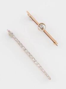 Two Edwardian diamond bar brooches, and an antique Australian seed pearl and greenstone pendant brooch by Robert Rollason & Co., 9ct gold.&nbsp;