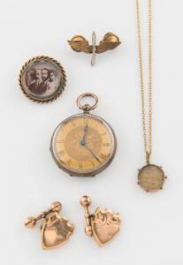 A collection of jewellery including pocket watch, cufflinks, locket and brooch.