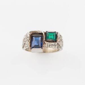 A green and blue stone ring, circa 1970's, Tor Schwank, Melbourne, 18ct white gold, size O.&nbsp;