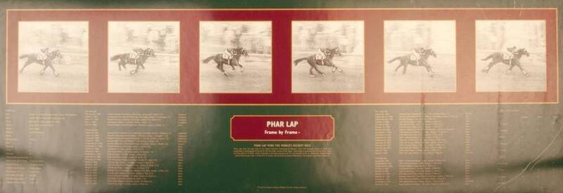 FRAME BY FRAME PRINTS: "Phar Lap - Frame by Frame" showing Phar Lap winning the World's richest race, the Agua Caliente Handicap in Mexico, 1932; "Sir Donald Bradman - Frame by Frame" & "Alex Jesaulenko - Frame by Frame", all unsigned, each 100x34cm. Fair