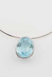 An aquamarine and diamond pendant, the oval aquamarine of known weight 34.85 carats, surrounded by round brilliant diamonds of total weight 0.68 carat, hung on two tone omega chain, 18ct white and yellow gold.
