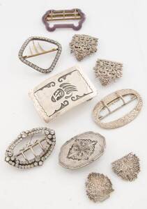 Eight assorted buckles including Victorian, sterling silver and enamel.