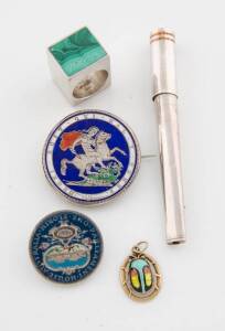Various jewellery including an enamelled pendant and brooch, silver cigarette holderand a silver and malachite ring.
