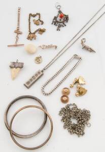 Collection of jewellery including silver chains, 9ct gold fob and shirt stud, cufflinks and pendants.