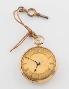 A half hunter pocket watch, 18ct yellow gold, with key (glass deficient).