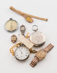 A collection of various pocket watches, wristwatches, buckles and keys, including sterling silver.