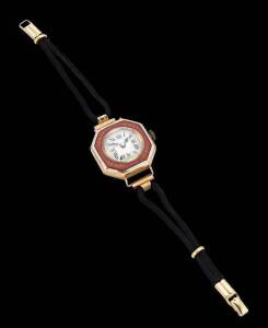 A Lady's wristwatch, circa 1920's, manual, red and white enamel octagonal case, 18ct yellow gold, 25mm.