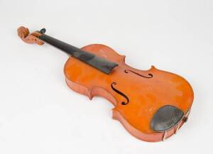 VIOLIN: Bohemian trade violin Stradivarius copy in coffin case with bow, early 20th Century