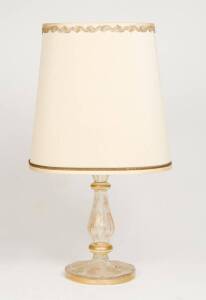 An etched & gilt highlighted glass table lamp base, with shade, early 20th Century. 56cm high overall