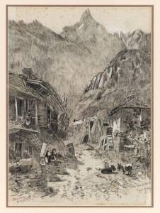 French school village scene, pencil & crayon on paper, signed & titled in lower margin, c1890. 29 x 40cm