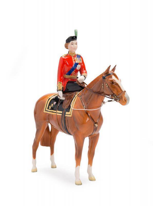 Beswick porcelain figure "H.M. Queen Elizabeth II Mounted on Imperial Trooping the Colour 1957". (leg repaired). 27cm. RARE