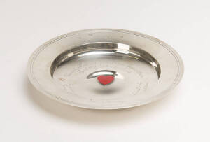 A presentation sterling silver and enamel circular bowl, by Richard Comyns, London 1965 with red enamel heart and engraved inscrption from the Variety Clubs International 1966 Conventin to (Sir) James (Jim) Carreras, a founder of Hamer Film Productions, f