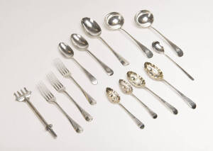 A collection of sterling silver cutlery including 4 Georgian berry spoons, dessert spoons & forks, two sauce ladles, London, 1891 & a silver plated pickle fork.&nbsp;