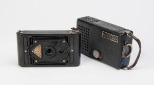 APM (England): Rajar No.6, c1929 cross-swing strut rollfilm camera with bakelite body and front plate. Also, an Atlas S.V.E. Jam Handy Pocket Explainer portable film-strip projector. (2 items).