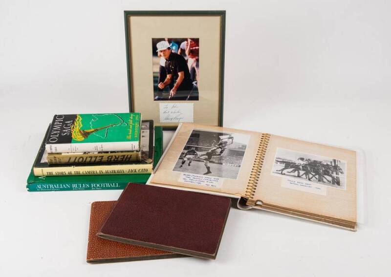 BALANCE OF COLLECTION, noted two cigarette card albums including Wills "Footballers 1933" (149); books (4) with "Olympic Saga - The track and Field Story Melbourne 1956" with 2 signatures; autographs including John Landy, Merv Lincoln (3) & Gary Player.