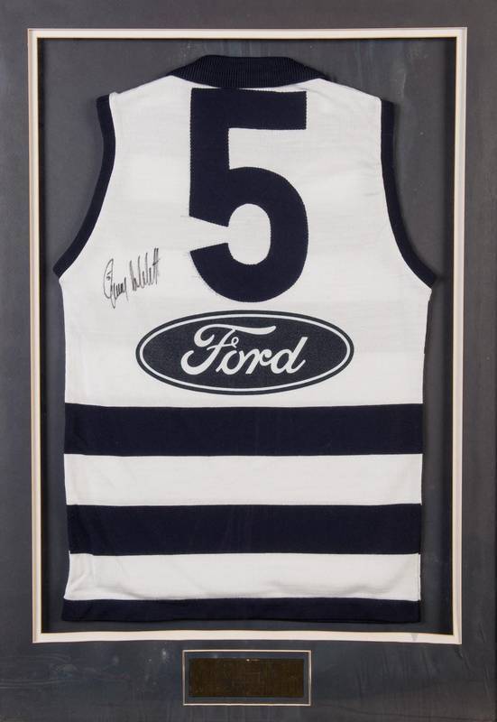 SIGNED SPORTS FRAMES, noted Gary Ablett Snr signature on Geelong jumper; "Milo" advertising display with 6 signatures including Wayne Carey & James Hird; Robert Harvey signed Brownlow Medallists display; displays signed by Greg Norman & David Coulthard, a