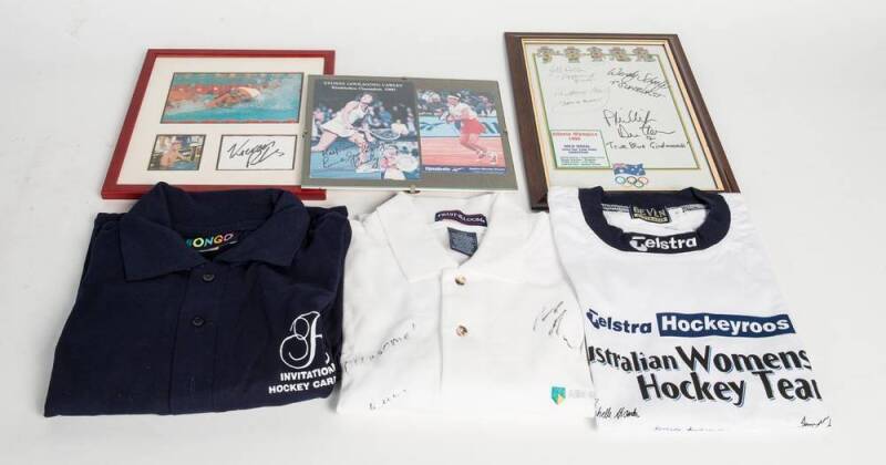 SPORT AUTOGRAPHS: Framed displays of Cathy Freeman, Kieren Perkins, 1996 Aust Equestrian team, Evonne Goolagong & Arantxa Sanchez; plus polo shirts signed by Oarsome Foursome & Aust Womens Hockey team (one with 5 signatures, another with facsimile signatu