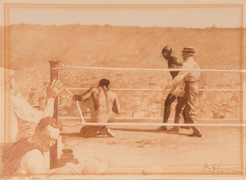 "THE BOXING MATCH", by Robert Durand Edgren (American 1908-97), signed and inscribed "Reno, July 4, 1910" lower right, gouache, wash, pencil and coloured pencil on paper, window mounted, framed & glazed, overall 70x58cm. The famous Jack Johnson v James J.